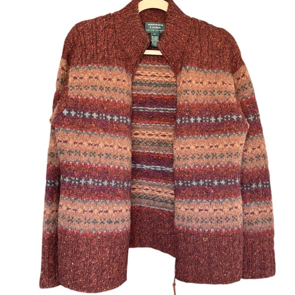 Vintage Ralph Lauren Hand Knit Intarsia Brown Fair Isle Full Zip Cardigan Size S